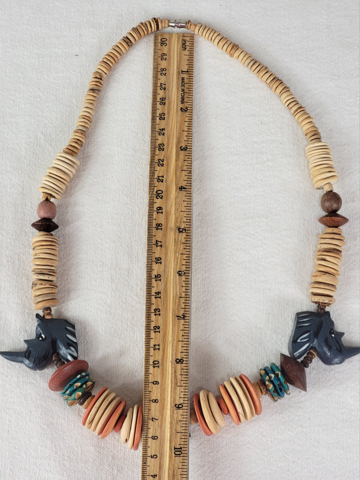 2 Vtg African Carved Wood Safari Necklaces Elephant Rhino Shell Discs Beads Boho