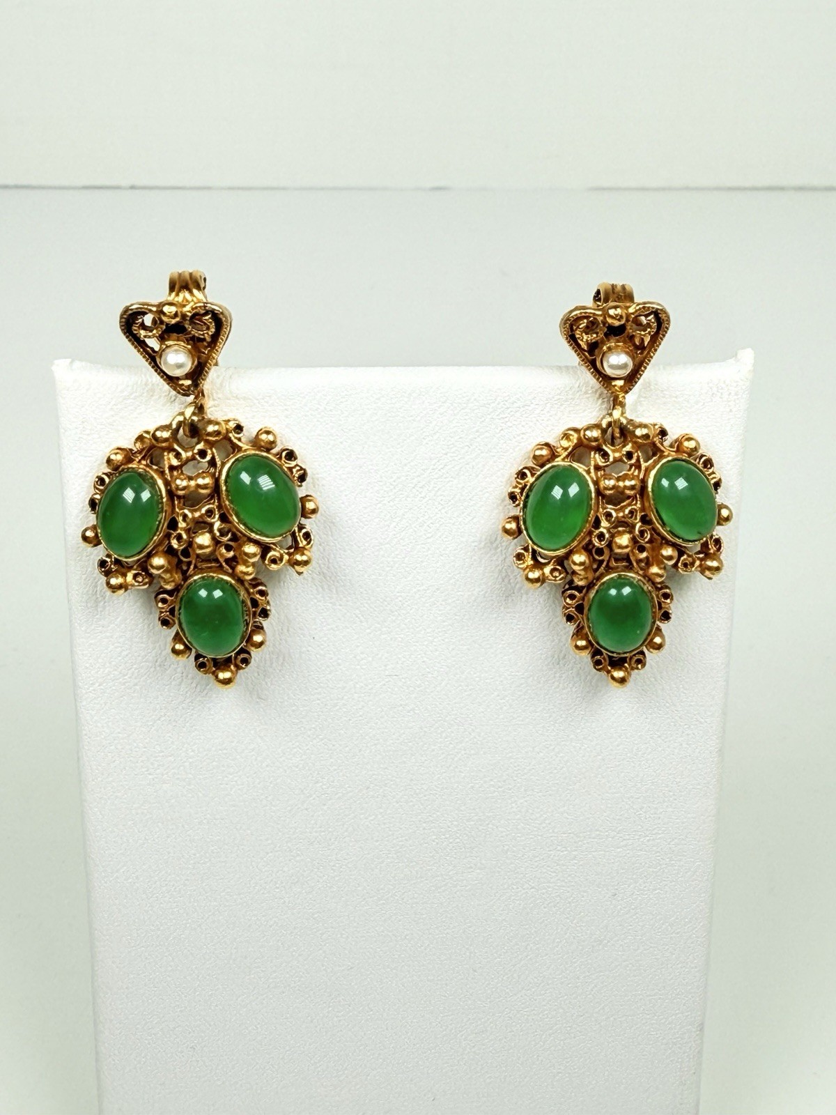 Florenza Victorian revival, green glass cabochons Seed Pearls Clip Earrings