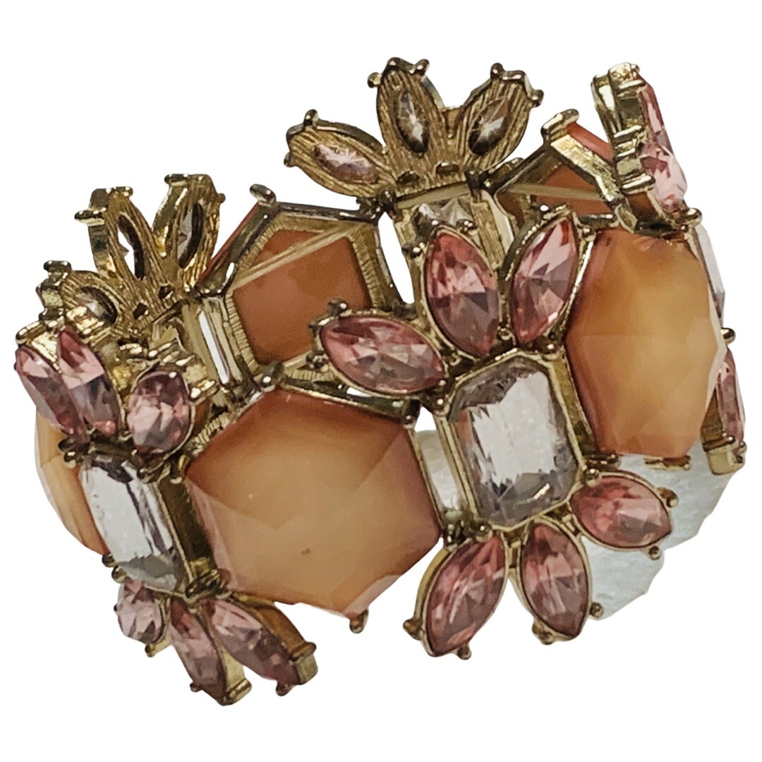 Pink Bracelet Rhinestone Flower Wide t 7″ Silver Tone Trendy Spring Jewelry