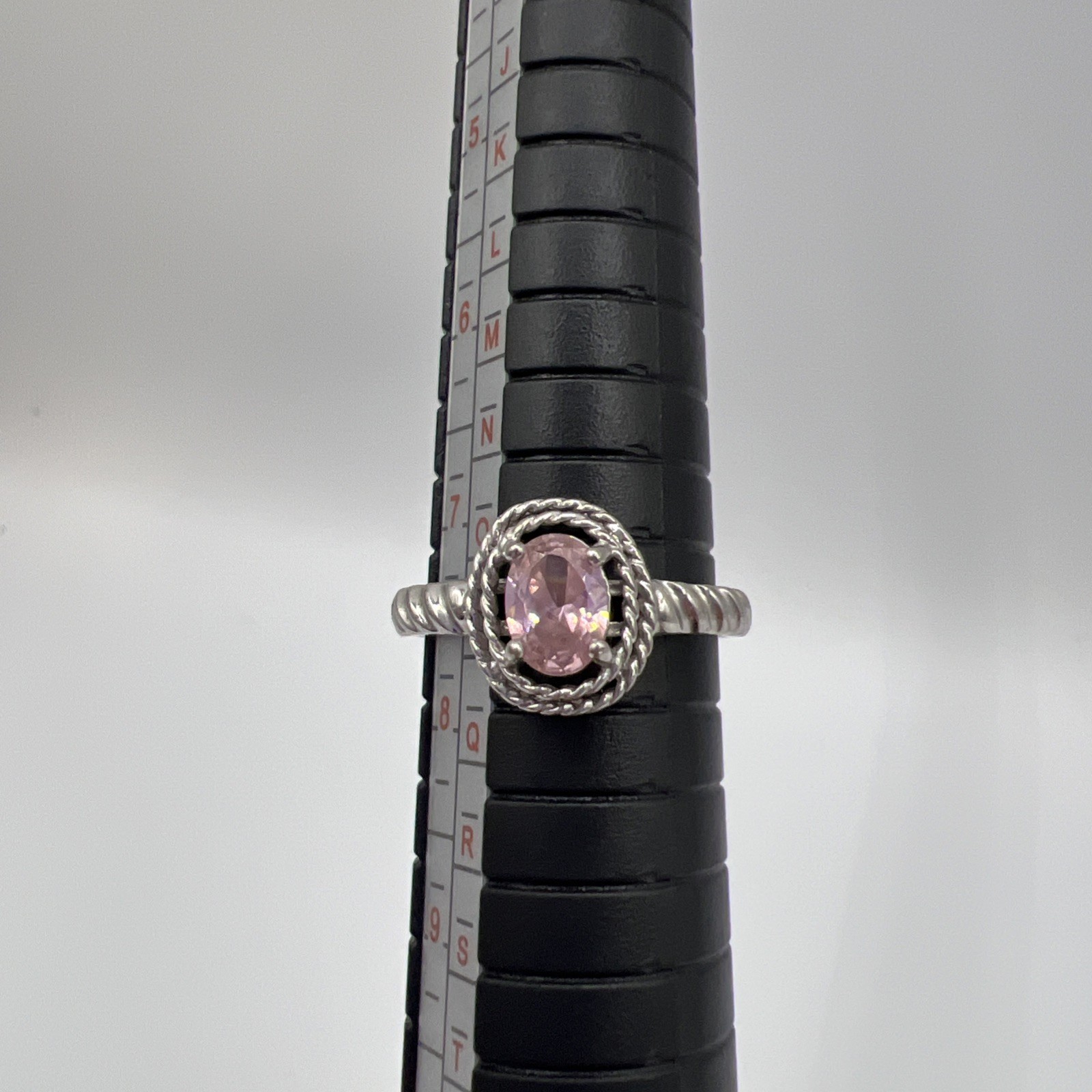 925 Sterling Silver With CZ PINK Oval Gemstone Decorative Twisted Rope Size7.5