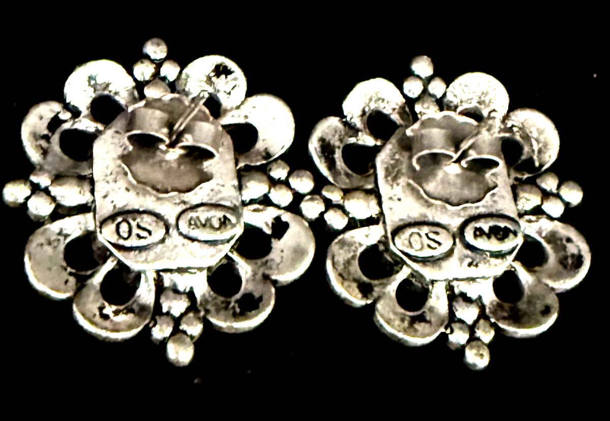 Vintage AVON 1″ Art Deco Style Silver Tone Pierced Rhinestone Earrings