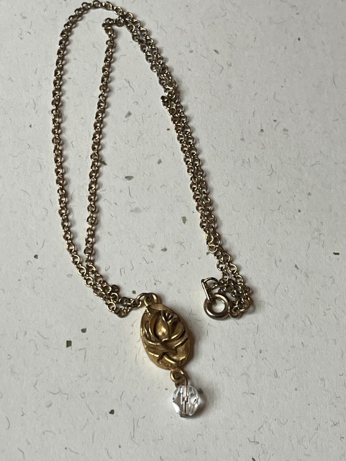 Dainty Goldtone Chain w Small EH Signed Oval Rose Flower & Clear Bead Dangle Pen