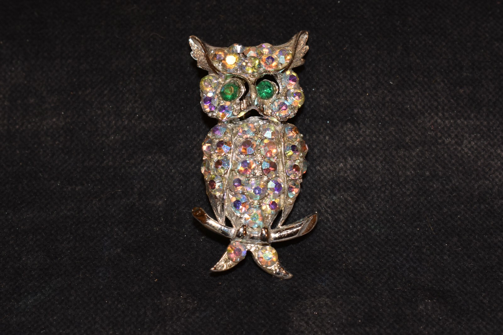Vintage Aurora Borealis Rhinestone Owl Brooch Pin