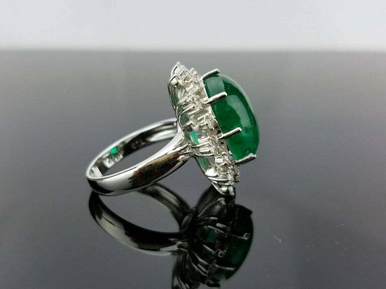 Light Deep Green 13.04 Carat Cabochon Emerald and 1.21CT Round CZ Cocktail Ring