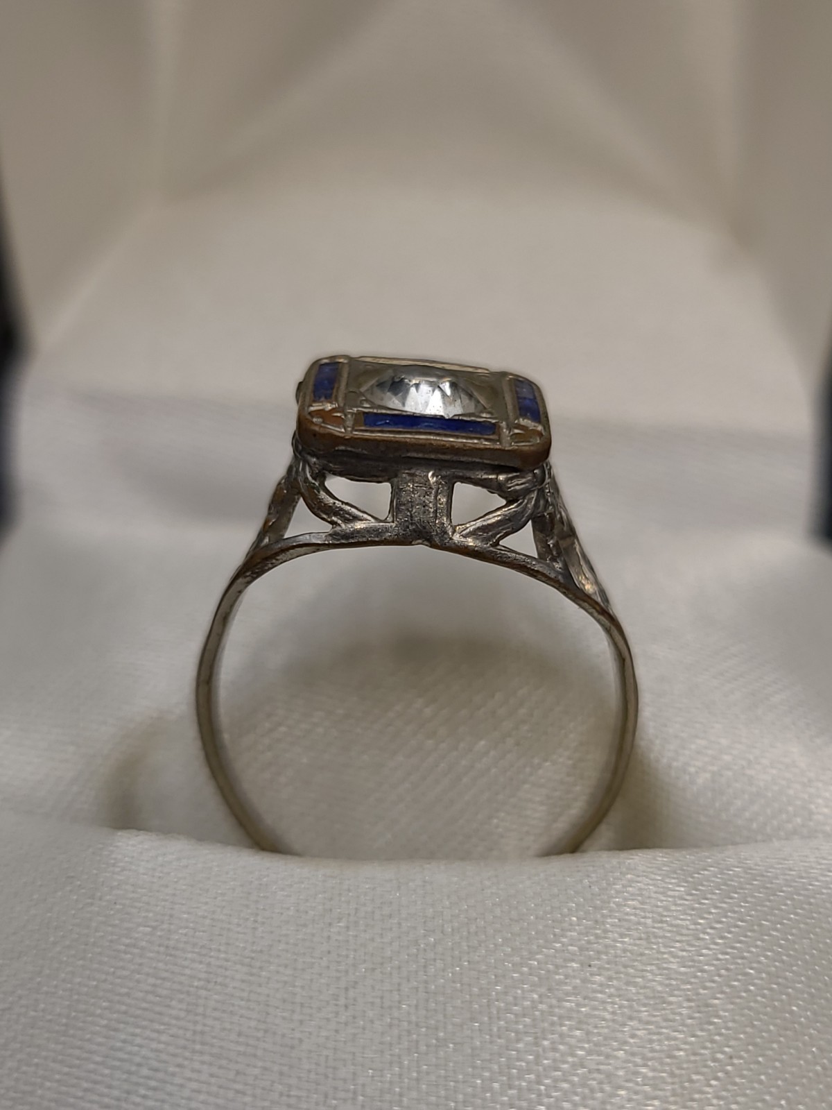 Vintage Cowen Gold Tone Blue Clear Glass Stone Ring Size 5.5-6
