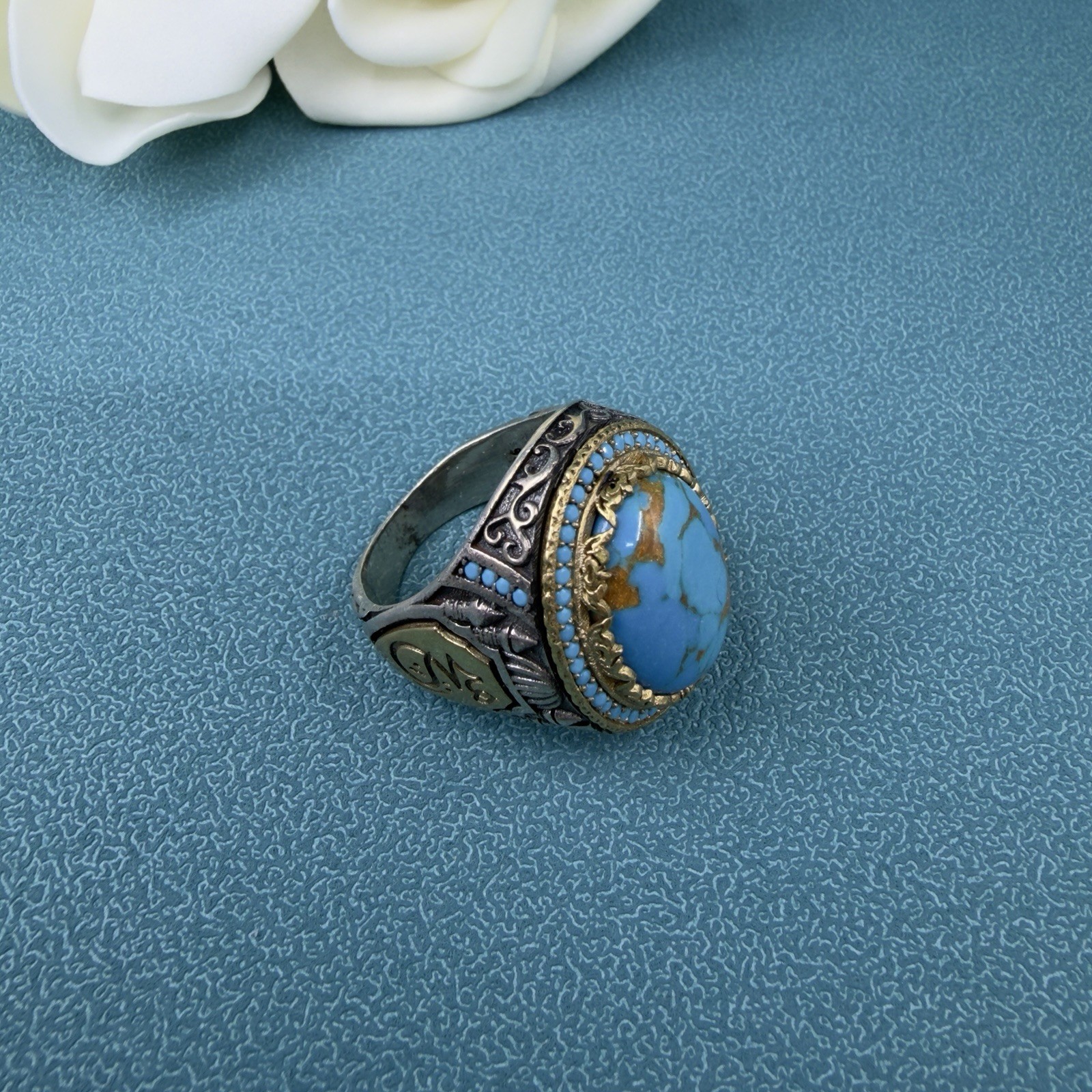 VINTAGE Signed 🩵 STERLING SILVER 925 Turquoise Cabochon MEN’S Turkish RING 12