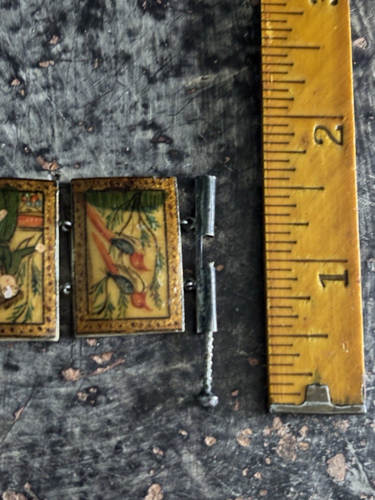 Antique Persian Hand Painted 8-Panel Story Bracelet on Bone Pin & Barrel Lock