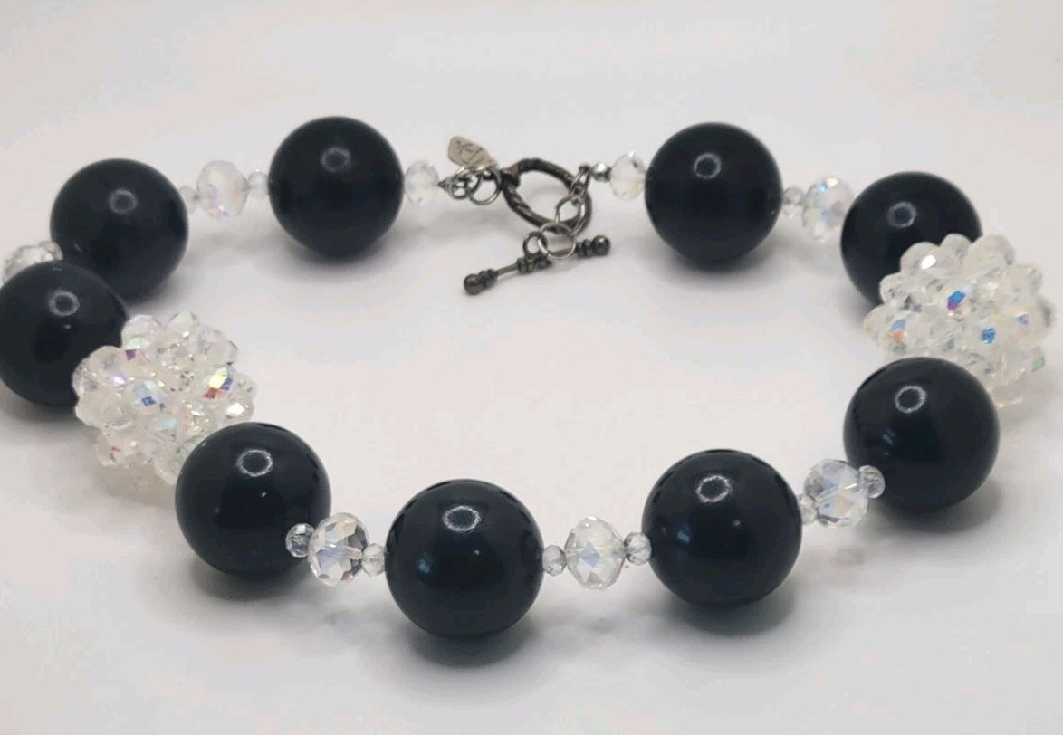 VTG DaVinci Necklace Black Spheres w Iridescent Crystal Clusters STATEMENT YES!