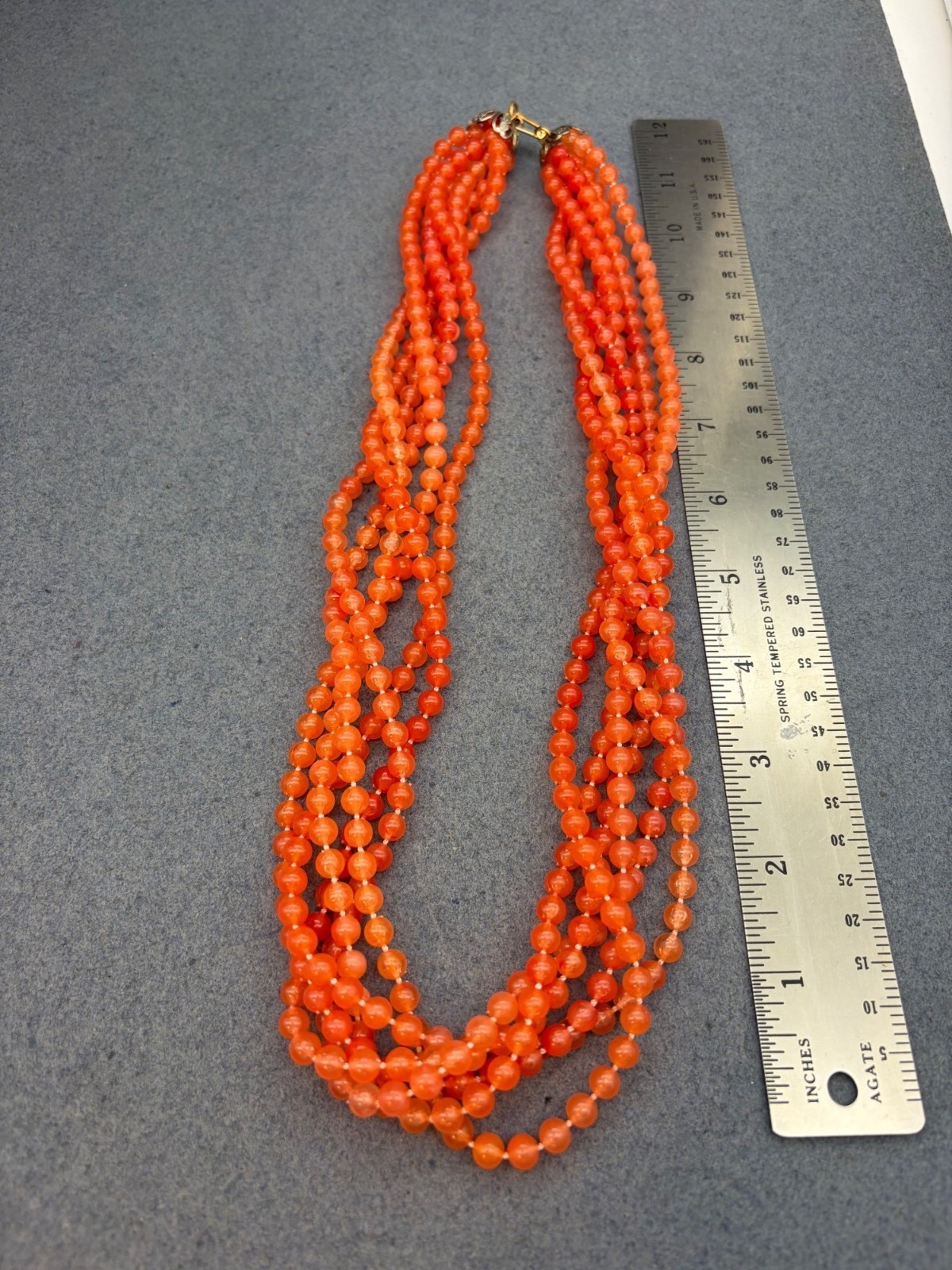 Multi-Strand Beaded Necklace 25 In Orange Filigree Endcap Gold Clasp Vintage