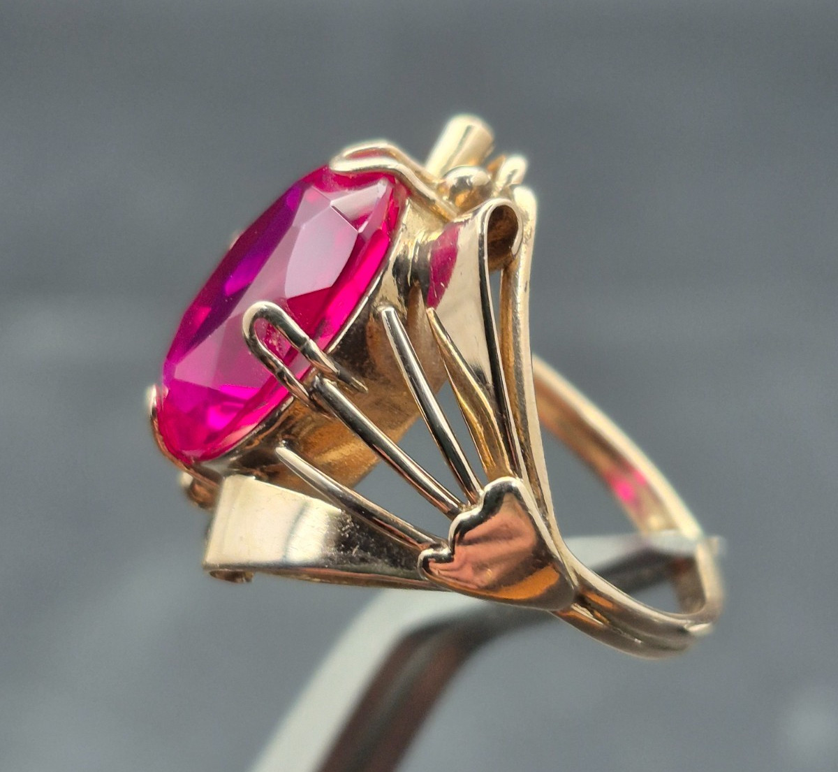 Vintage Soviet 14K Rose Gold Ring 583 with Ruby Stone • Original USSR Jewelry