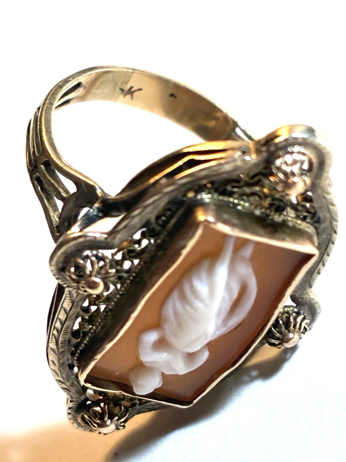 Sz 7.5 Victorian 14k filigree full figure shell Cameo Ring 3.61 g