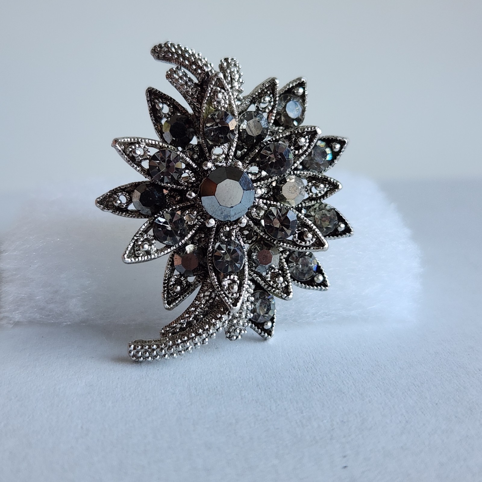 Adjustable Silver Tone Floral Rhinestone Statement Ring Smoky Crystal