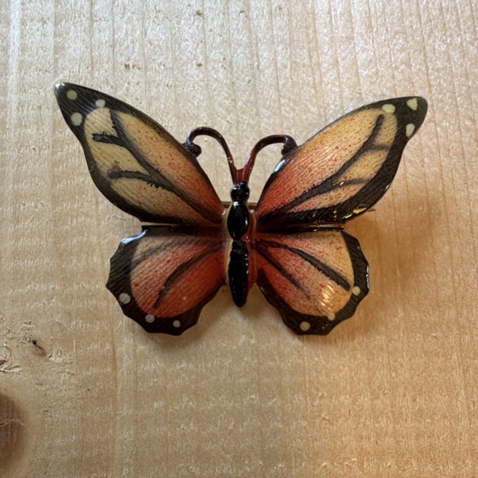 Butterfly Enamel Metal Brooch Pin Orange Black Cream 2in Made in Germany