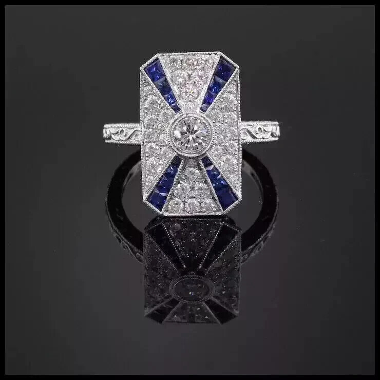 Art Deco Vintage Lab Created Diamond & Sapphire 14K White Gold FN Wedding Ring