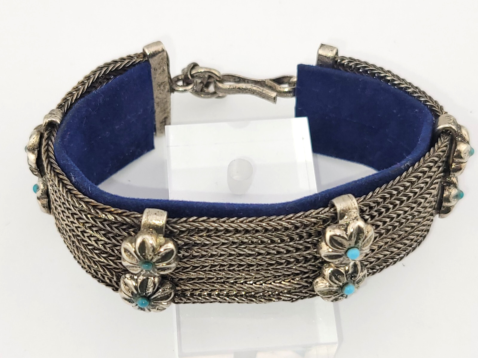 Vintage 7 Strand Snake Chain Turquoise Glass Flower Southwestern Bracelet 7-8.5″