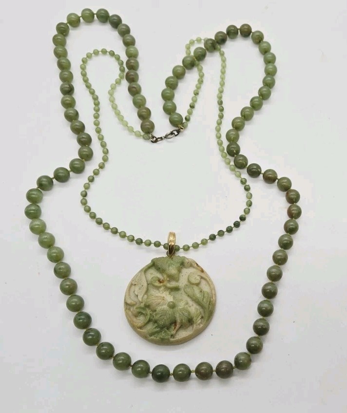 Chinese Jade Green Hand Carved Pendant Statement Necklace Layered two Row 25 in