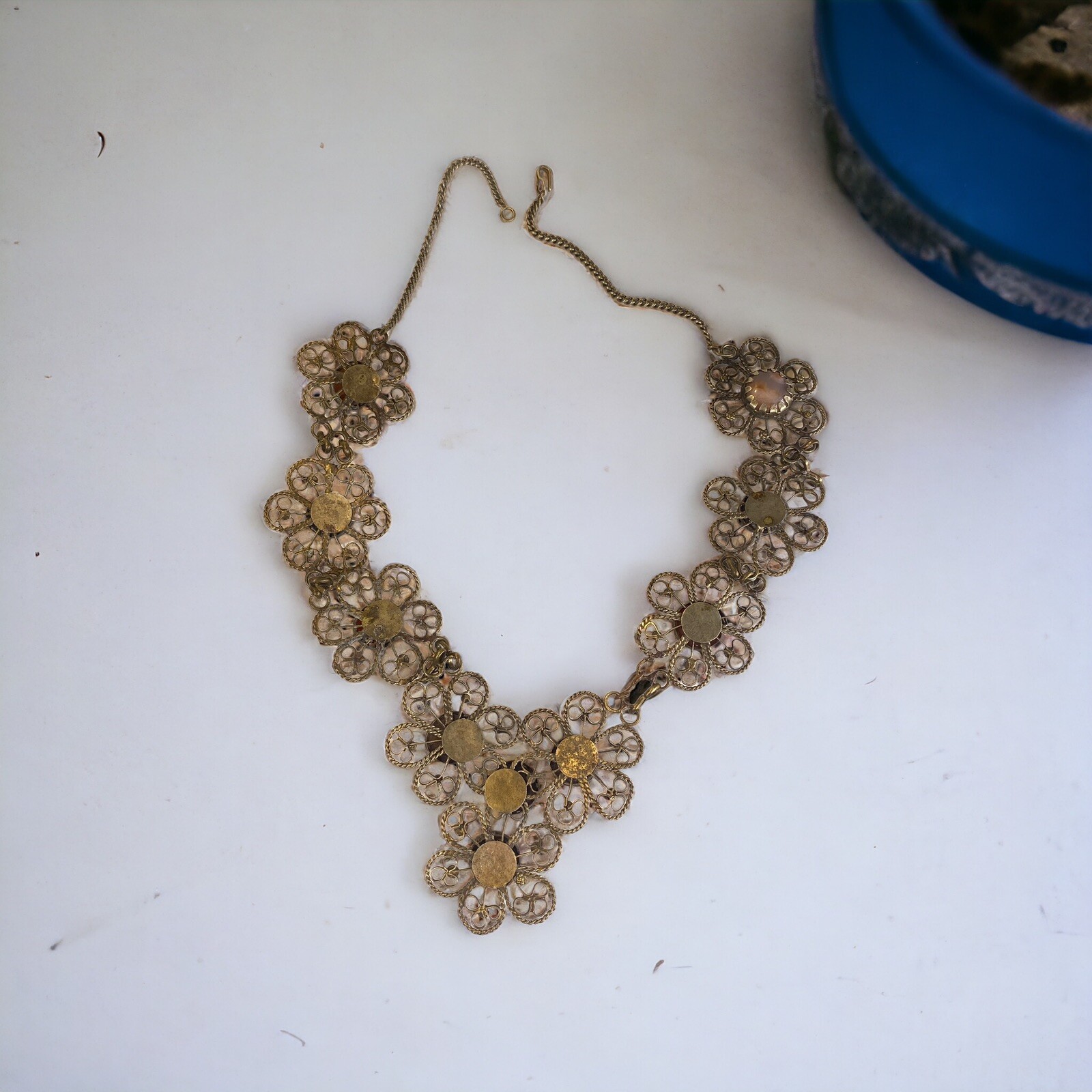 Vintage Handmade German Silver Filigree Semi Precious Stones Statement Necklace