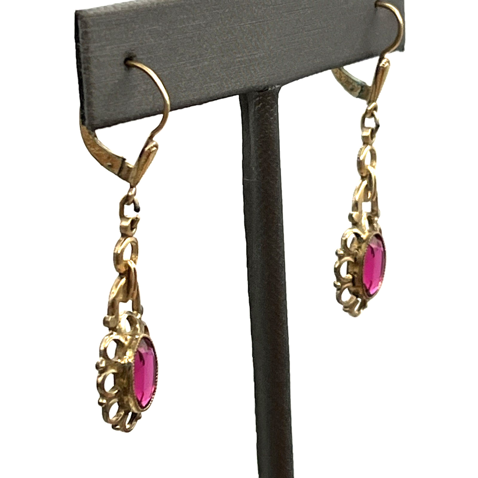 Vintage Art Deco Rolled Gold Red Ruby Simulated Pierced Earrings