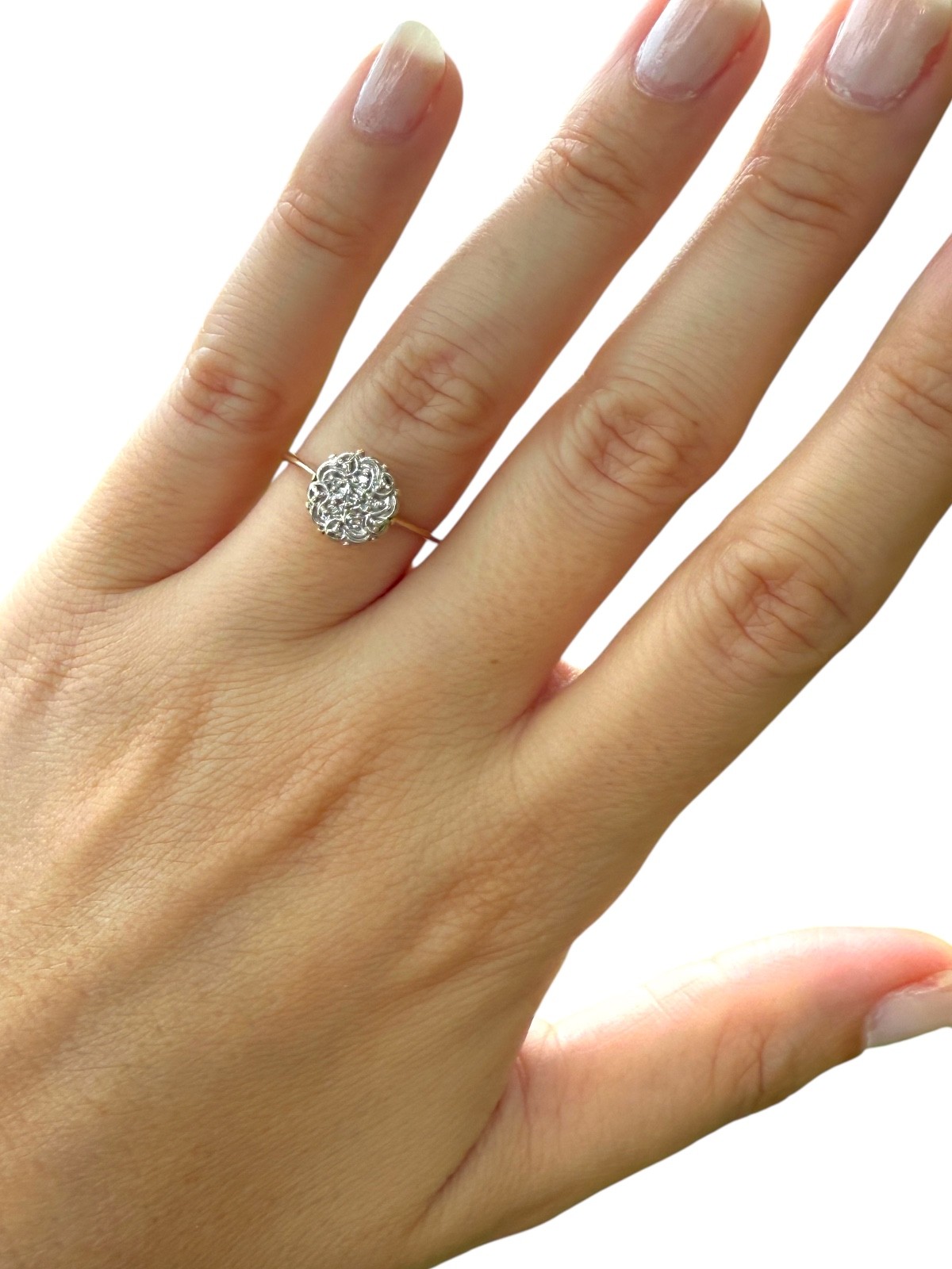 1950s Vintage 10K Gold Diamond Illusion Cluster Ring Flower Motif Size 5.25