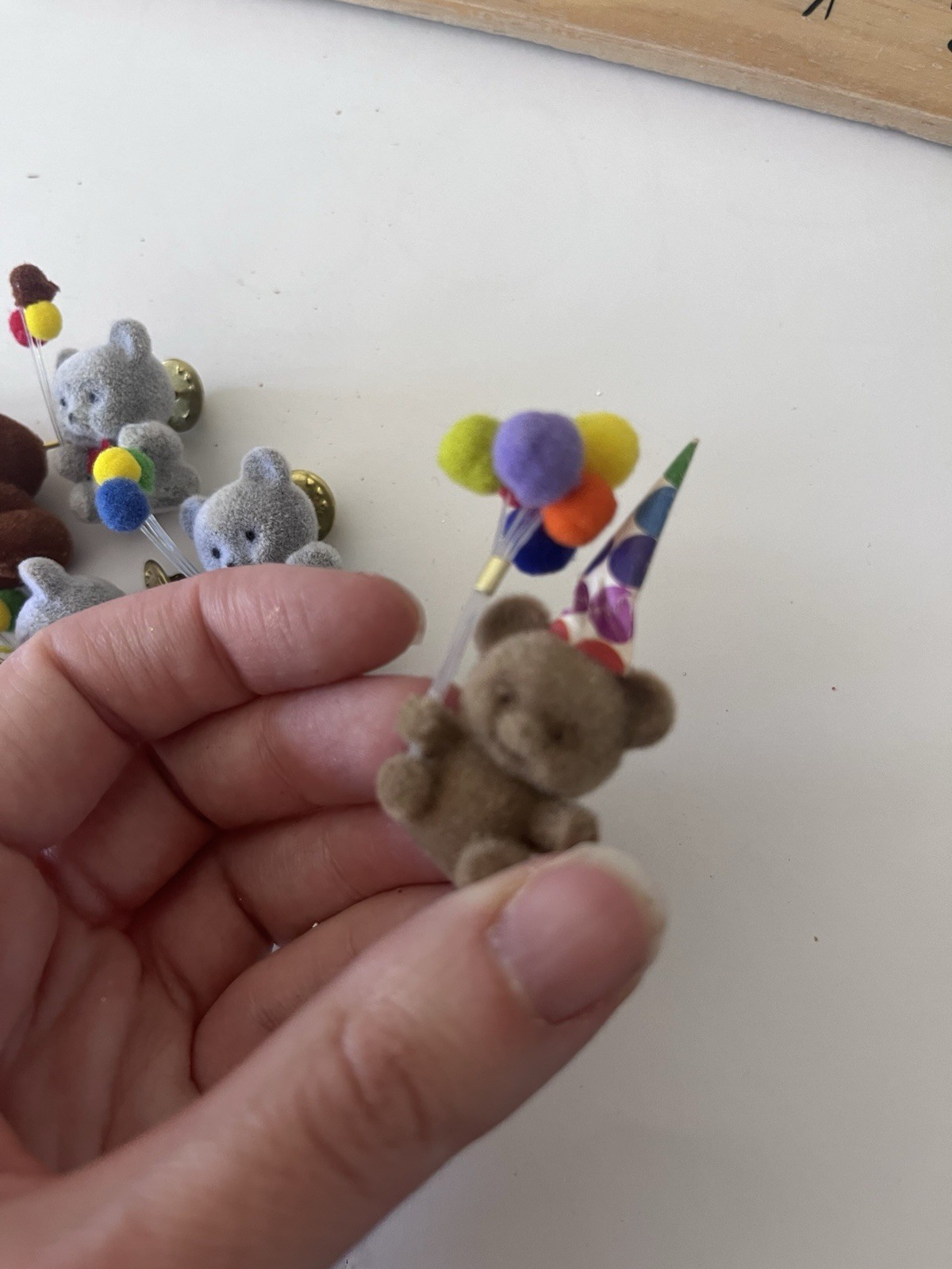 Vintage 1980s flocked teddy bear lapel pin brooch Set Of 10 Birthday Party Theme