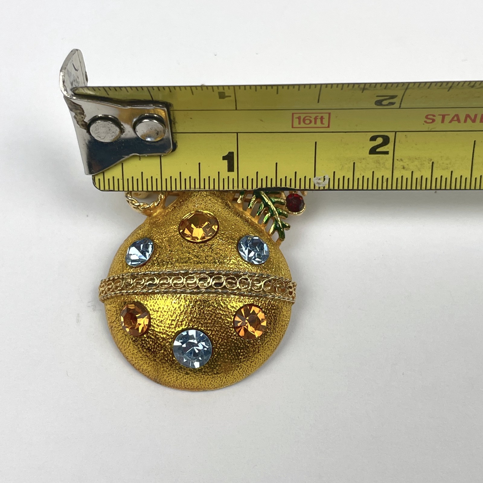 VTG Christmas Ornament Bulb Brooch Gold Tone Rhinestone Holly Holiday Pin
