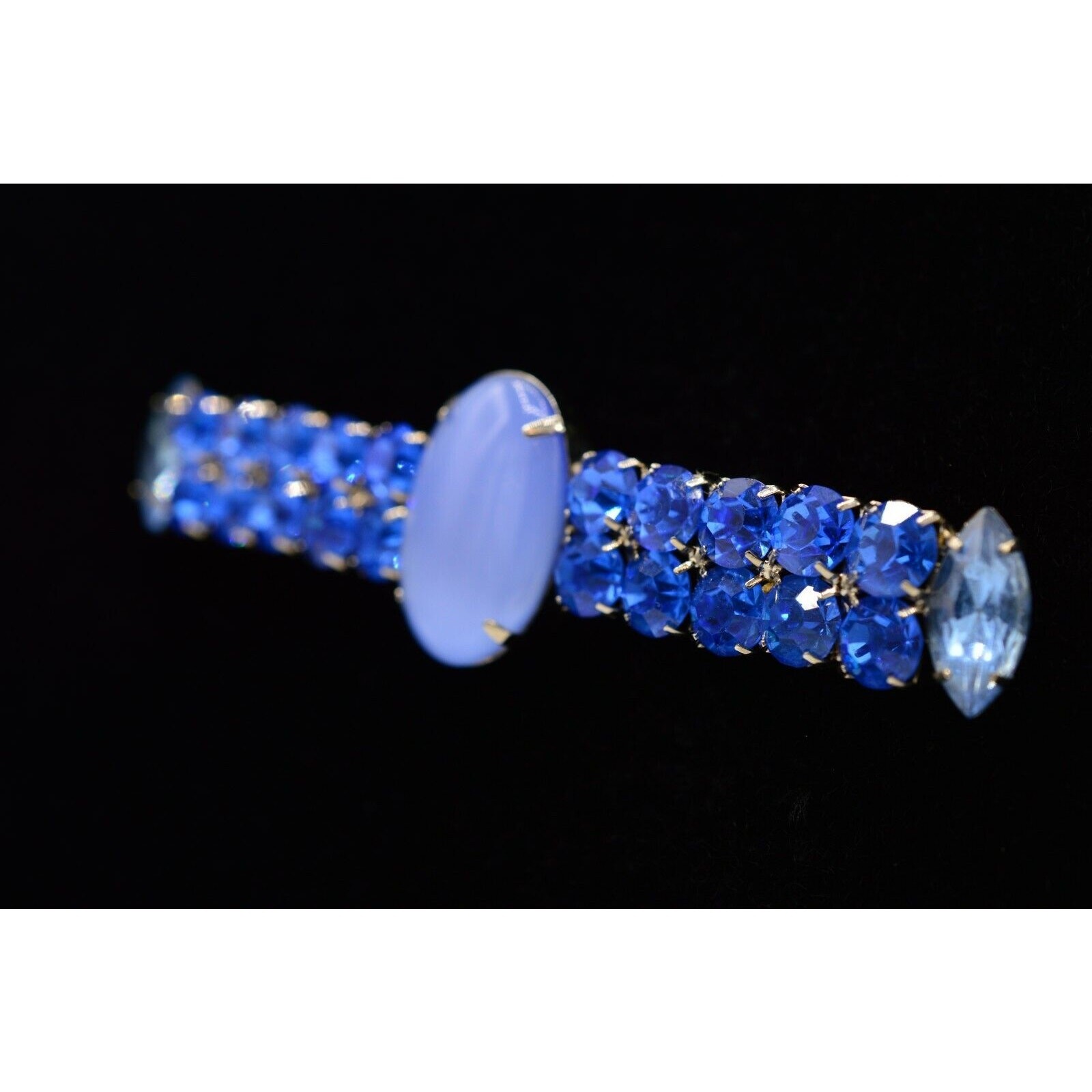 Vintage Cabochon Crystal Pin Brooch Prong Rhinestone Blue Bar Chunky 1980s BinV