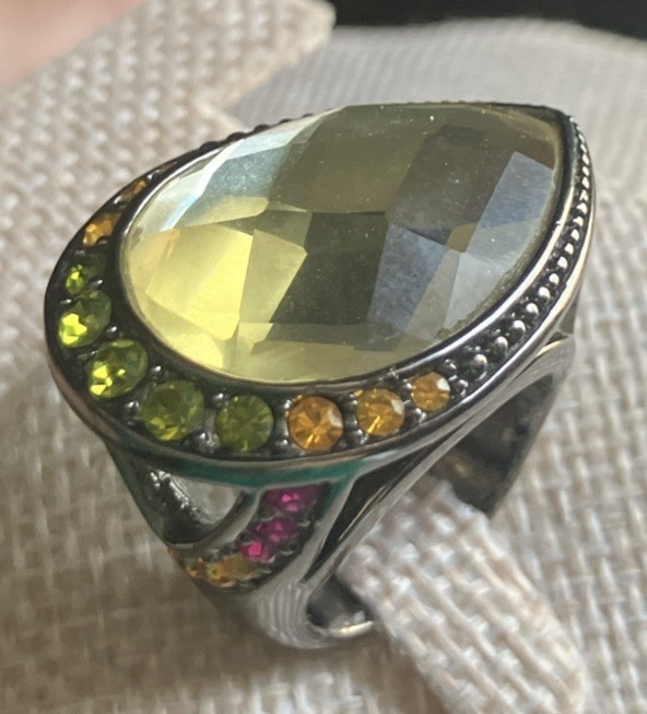 HSN Designer Signed M & CN Multi Gemstone Yellow Teardrop Faceted Cocktail Ring
