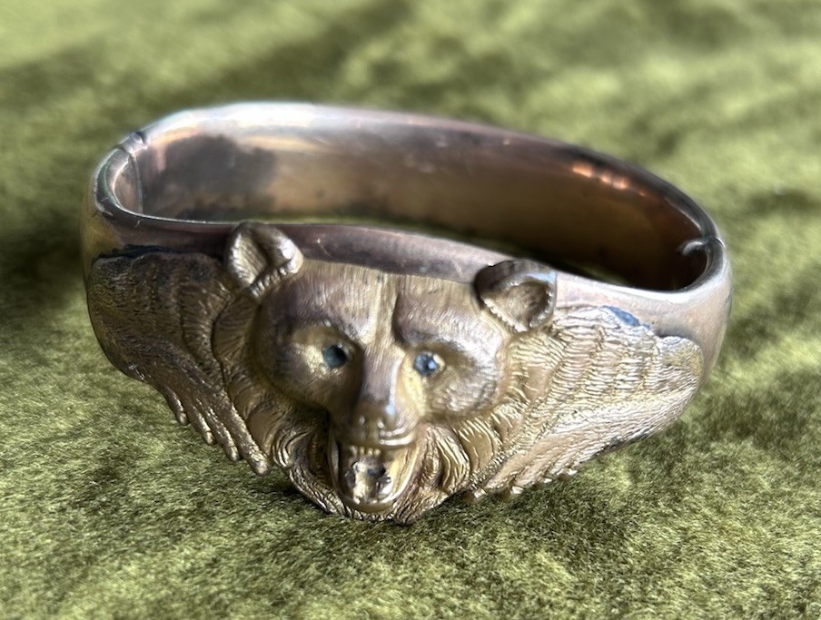 Rare Antique Gold Colored Grizzly Bear Bracelet. Likely Plate or Rolled Gold.