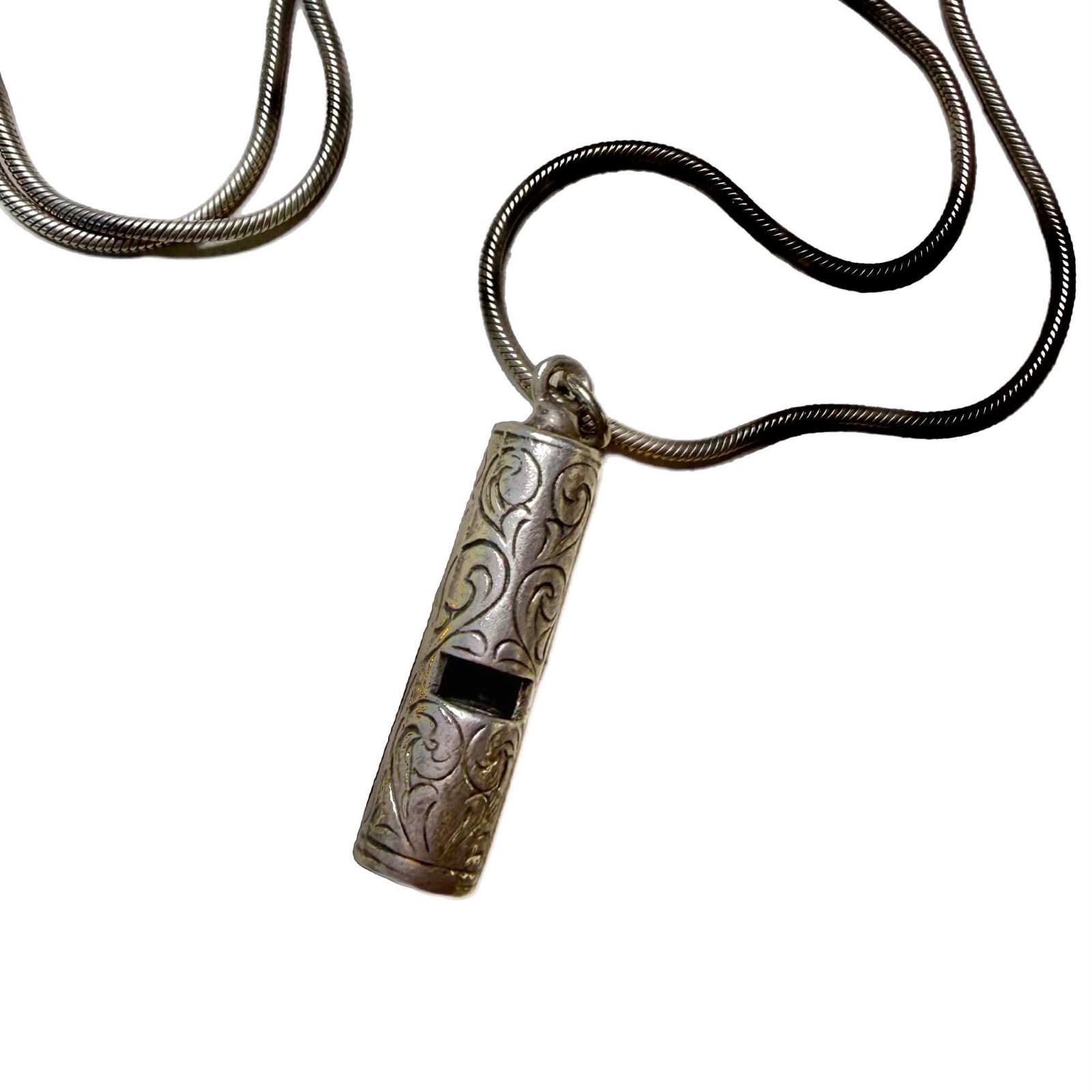 LUX Vintage Sterling Silver Engraved Whistle, Pendant + Necklace, 17”