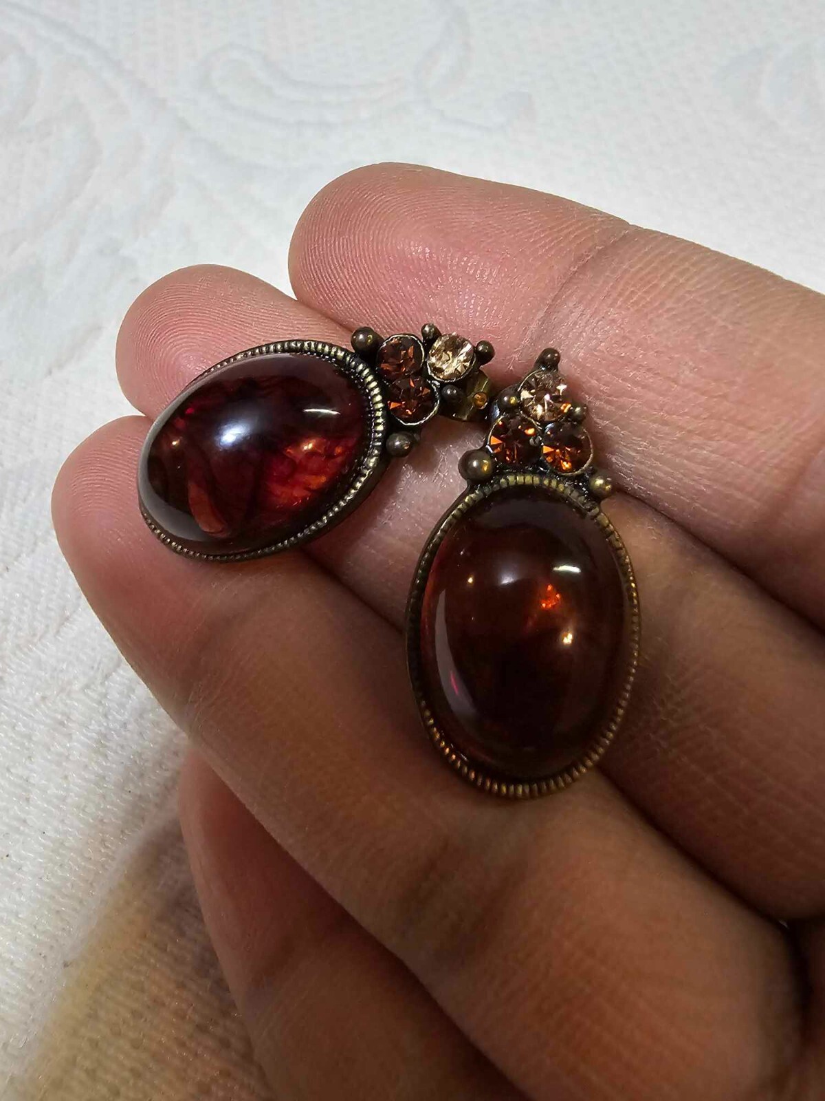 Vtg Stud Earrings w/ Polish Amber Brass Metal