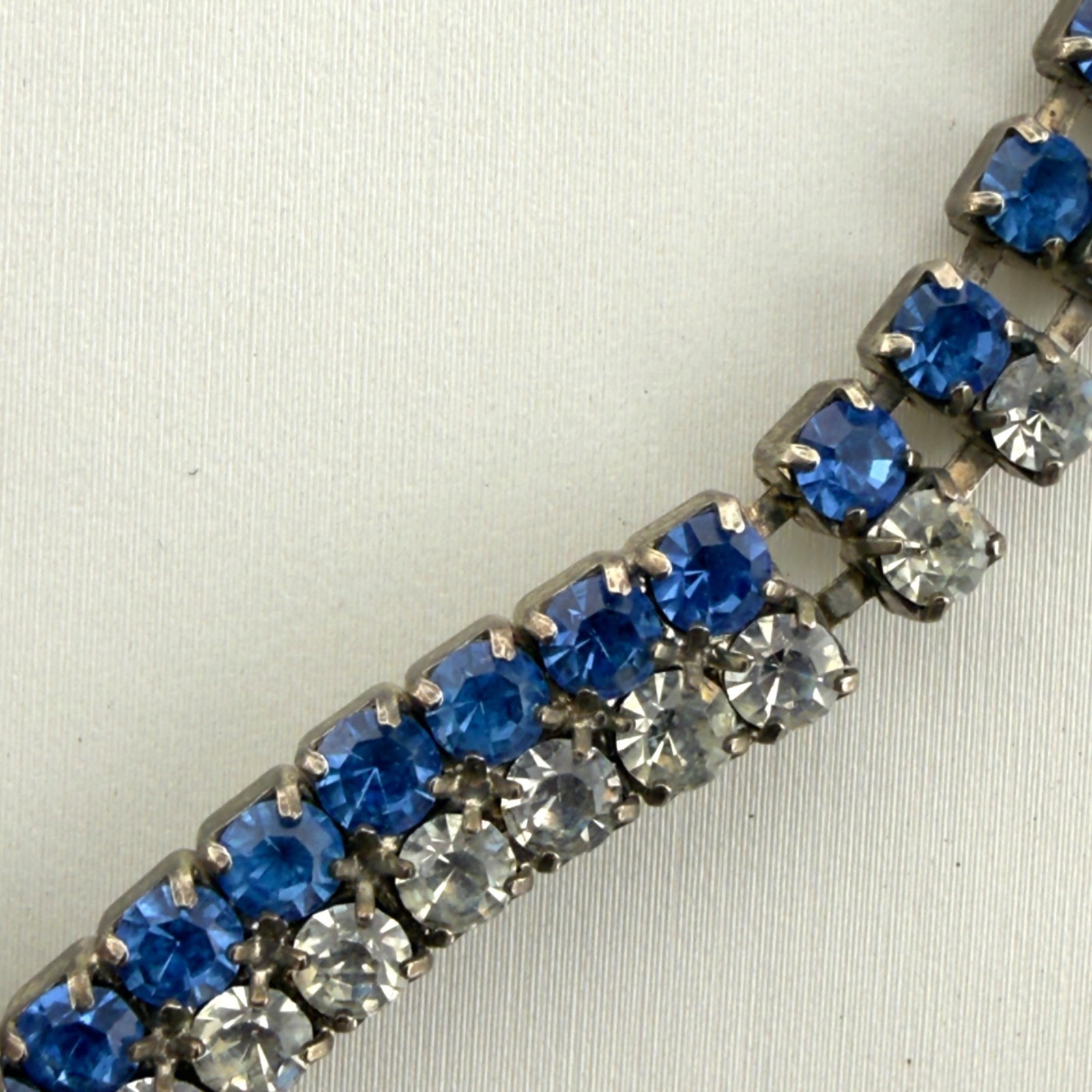 Vintage Blue Clear Rhinestone Necklace V Shape Silver Tone 16-Inch