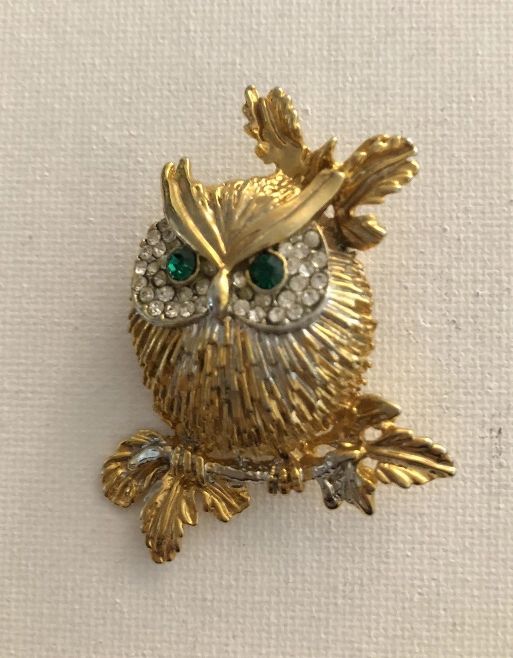 Vtg. Green & White Rhinestone Owl Brooch Pendant