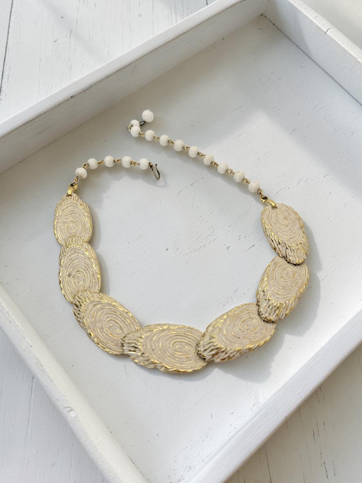 Vintage BSK Collar Link Necklace White Enamel Log Slices Trees Cabincore Nature