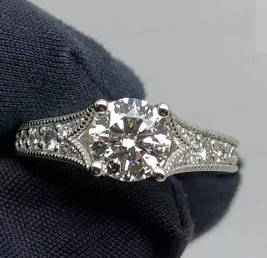Art Deco Vintage Round Cut Lab Created Diamond 14K White Gold FN Engagement Ring