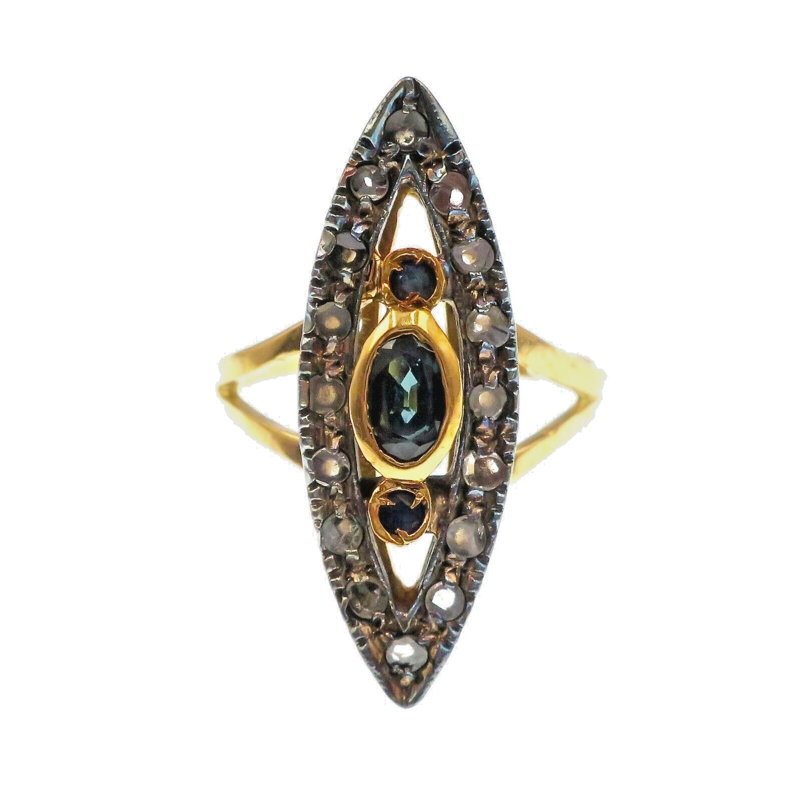 Vintage 18k Solid Yellow Gold Blue Sapphire and Rose Cut Diamond Ring Size 6