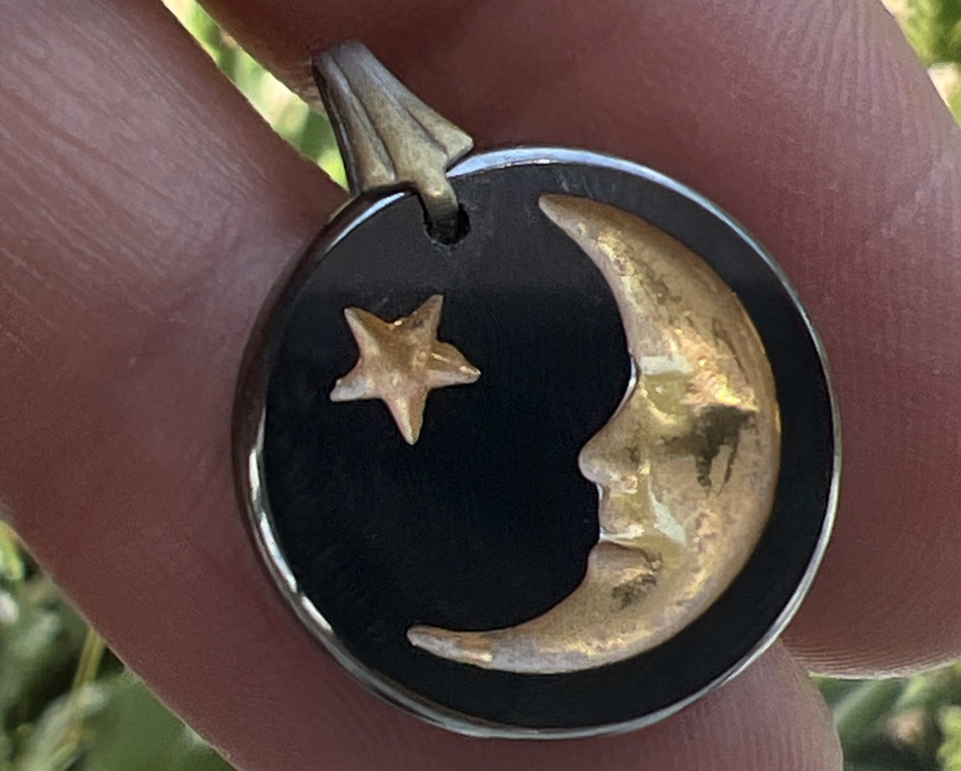 Vintage Moon Star Black Glass Pendant Charm 3/4”