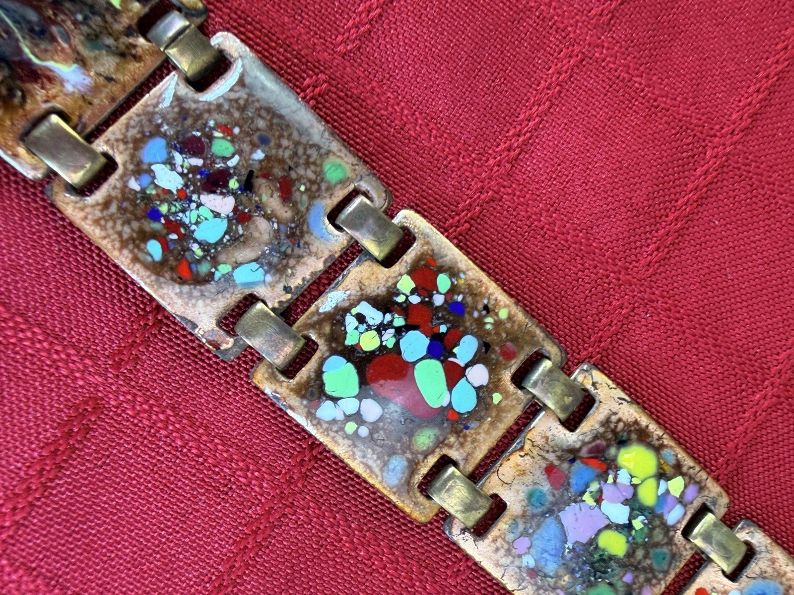 Vtg Enamel Copper Bracelet 7.5” Mid Century Abstract Confetti 8 Panel MCM Art