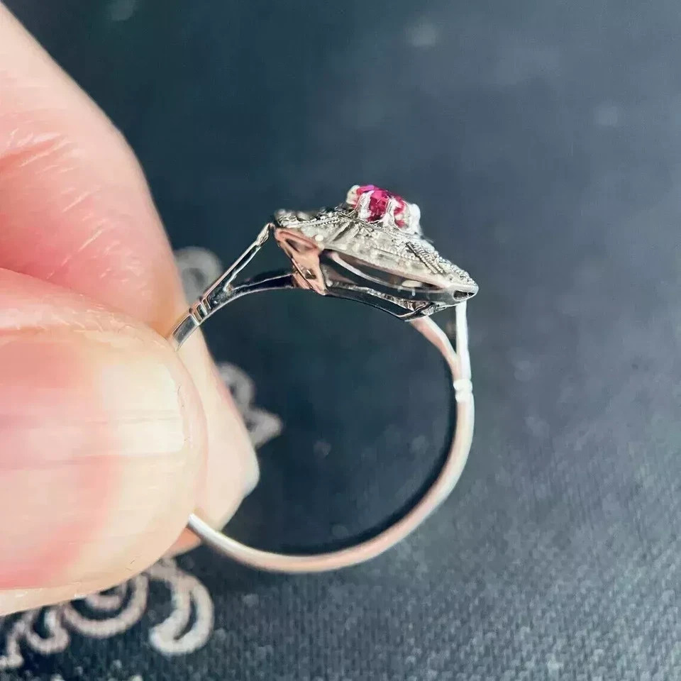 Art Deco Style Lab Created Diamond & Ruby Engagement 14K White Gold Finish Ring