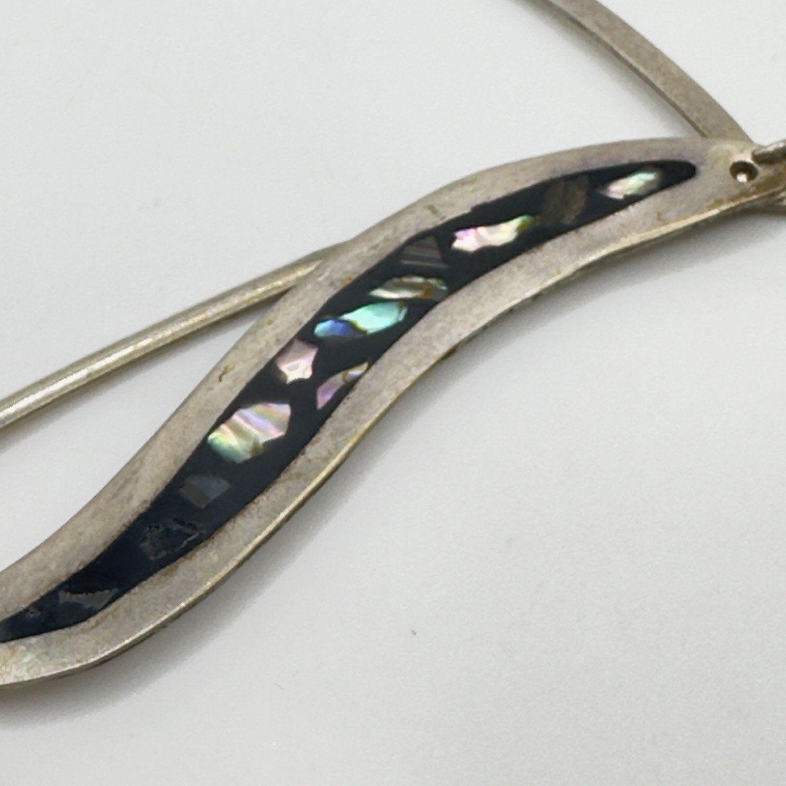 Vintage Mexican Alpaca Abalone Inlay Necklace 17″ Panel Link Drop Pendant