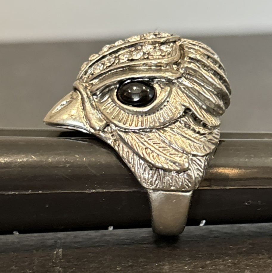 Silver Tone Statement Bird Head Ring Clear Rhinestones Faux Onyx Eyes Size 6.5