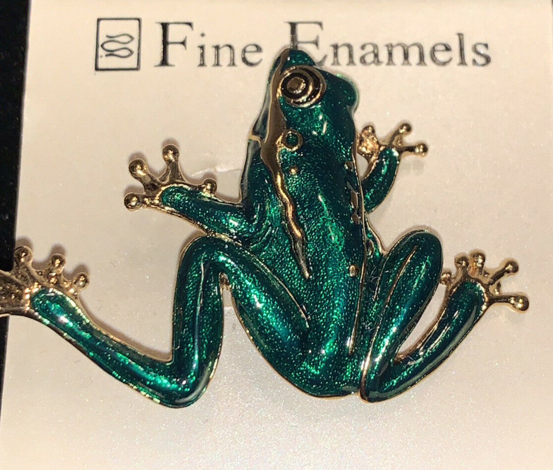 Gold Tone Emerald Green Enamel Frog Pin Fashion Brooch by Fine Enamels