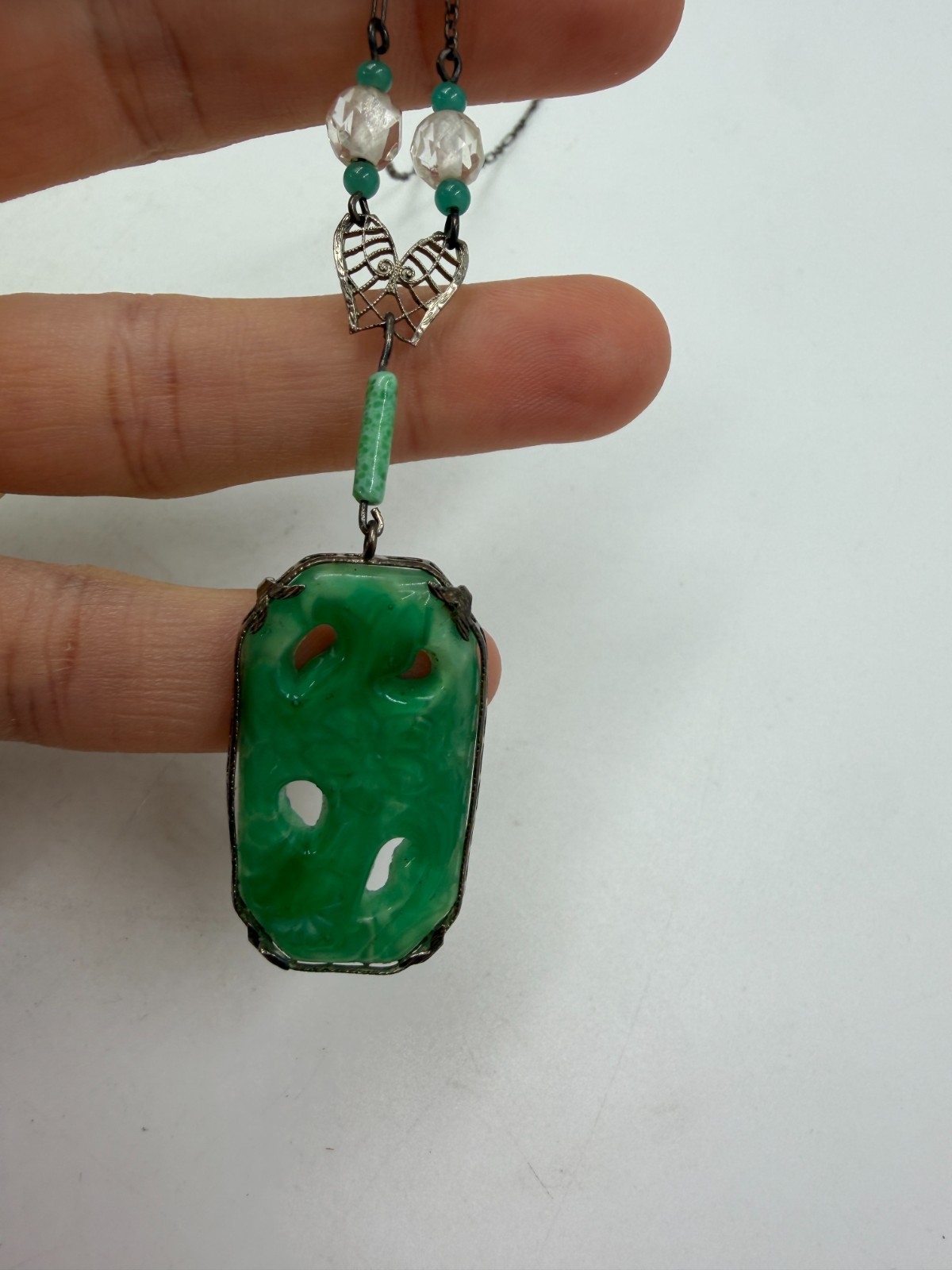 Vintage Necklace Art Deco Green Art Glass FloralBrass Asian Pendant Filigree PJ