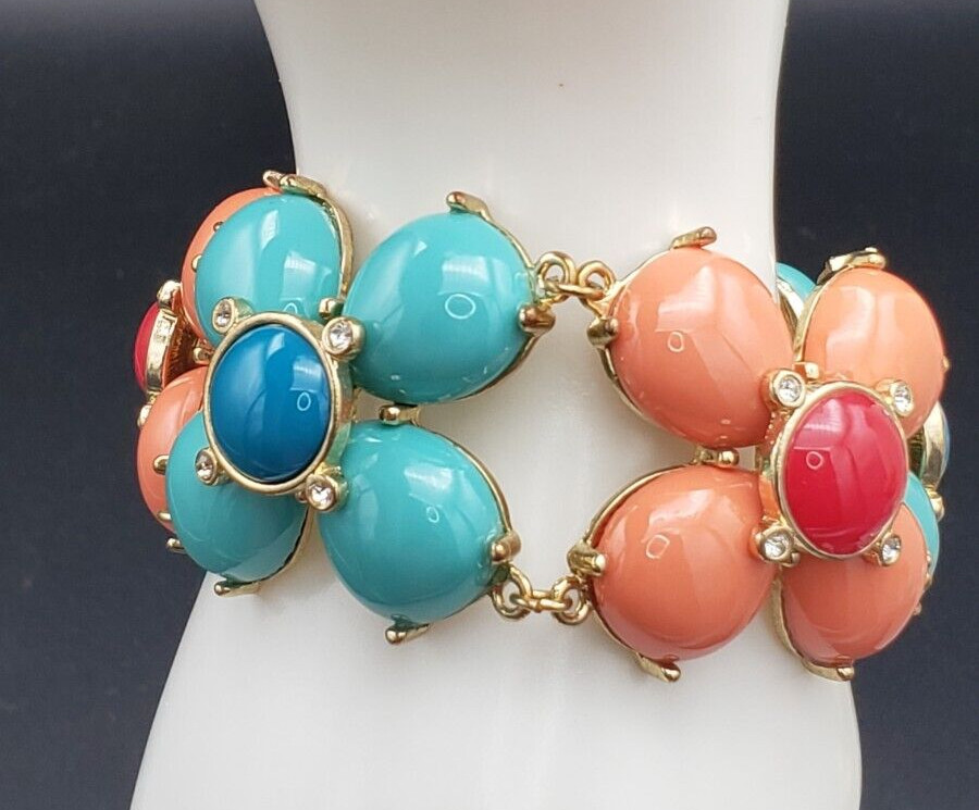Vintage Set Flower Multicolor Gold Tone Necklace 19 + 3 in & Bracelet 7.5 in