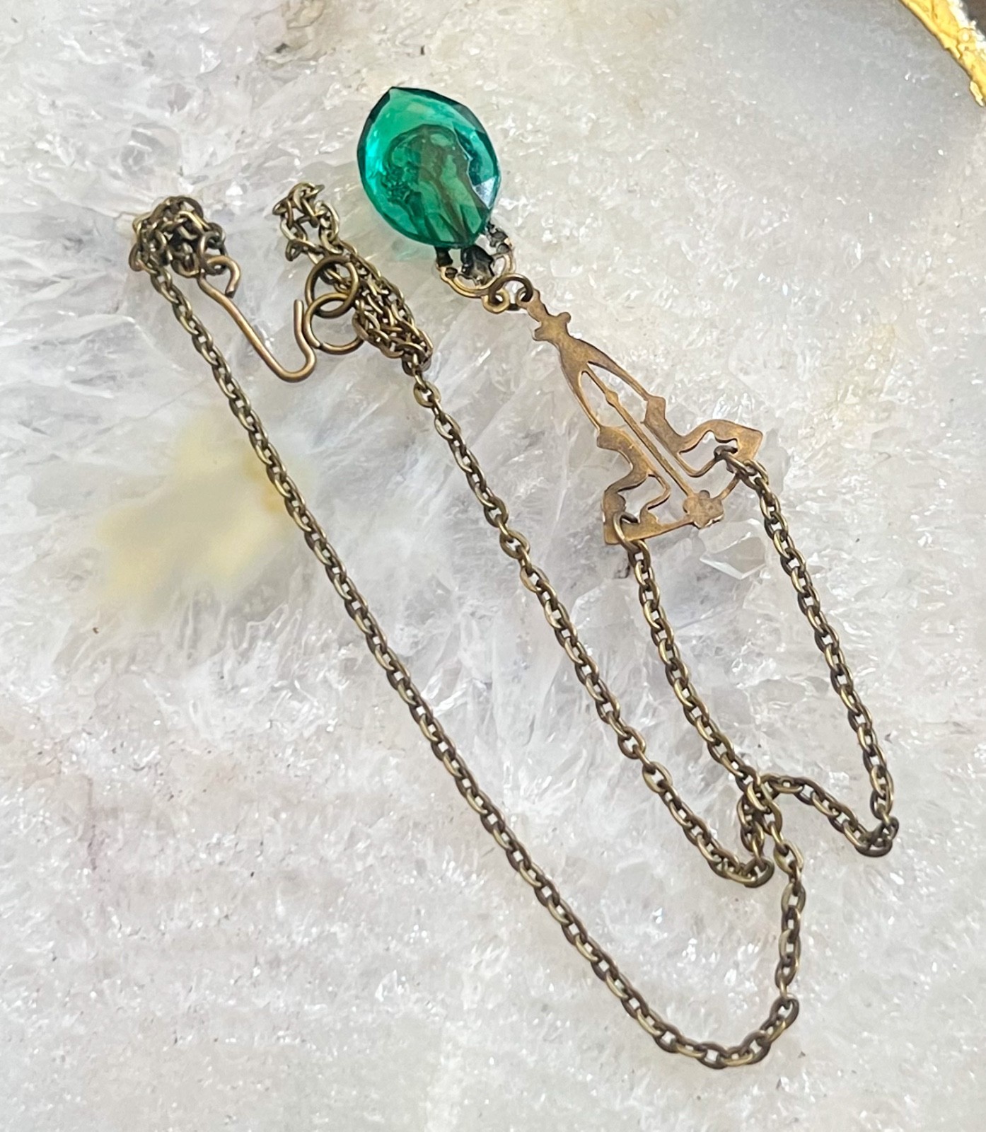 Vintage Necklace Art Nouveau Lavalier Brass Pendant Green Antique Czech Glass