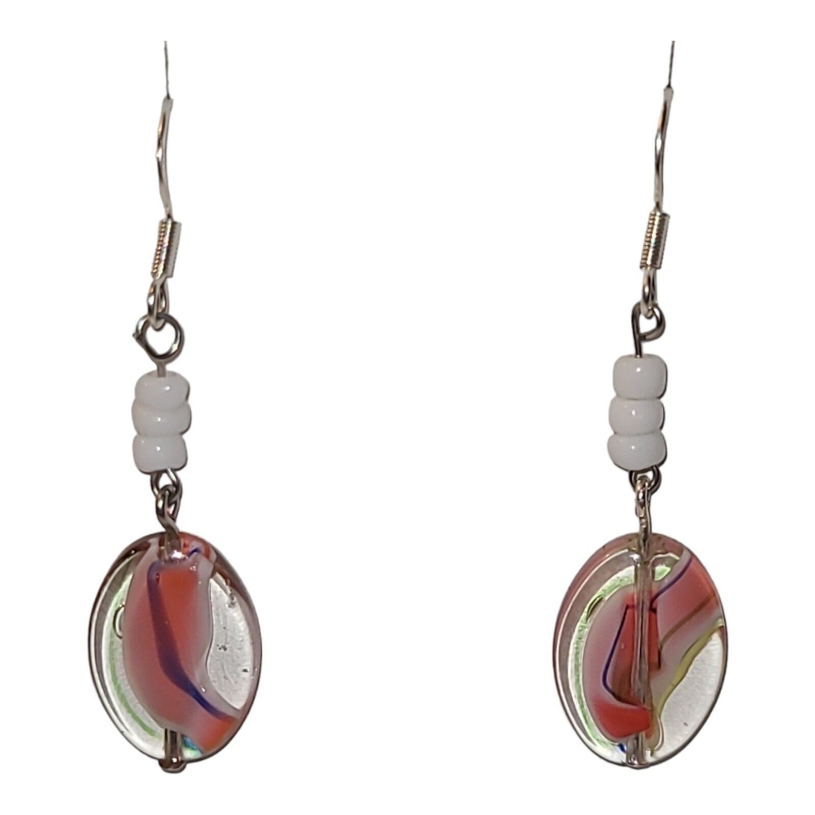 Multi-color Pink White Art Glass Bead Dangle Earrings 925 Sterling Silver 2″