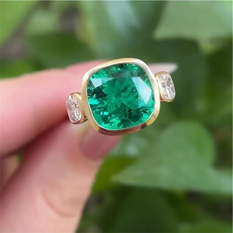 Art Deco 4.10 Ct Natural Emerald Vintage Engagement Ring 14K Yellow Gold FN