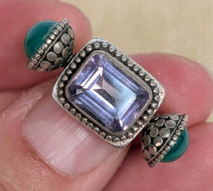 Vintage Sterling Silver 925 Green Bloodstone Amethyst Tibetan Brooch / Pin