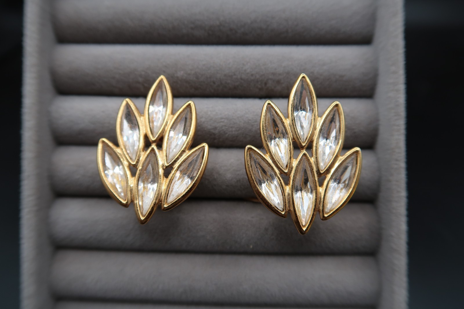 Vtg Yves Saint Laurent Spiked Leaf Design Crystal Earrings Signed Beautiful
