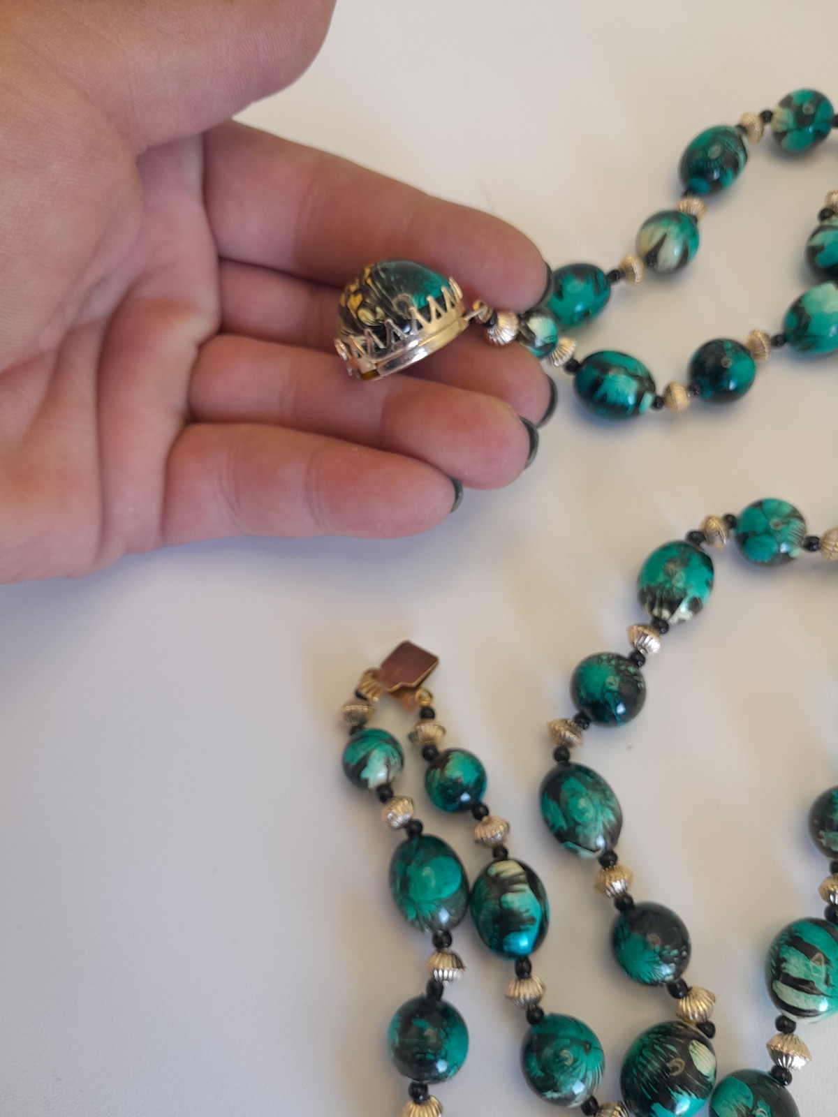 Hong Kong Double Strand Necklace Blueish Green, Black, And Silver Tone