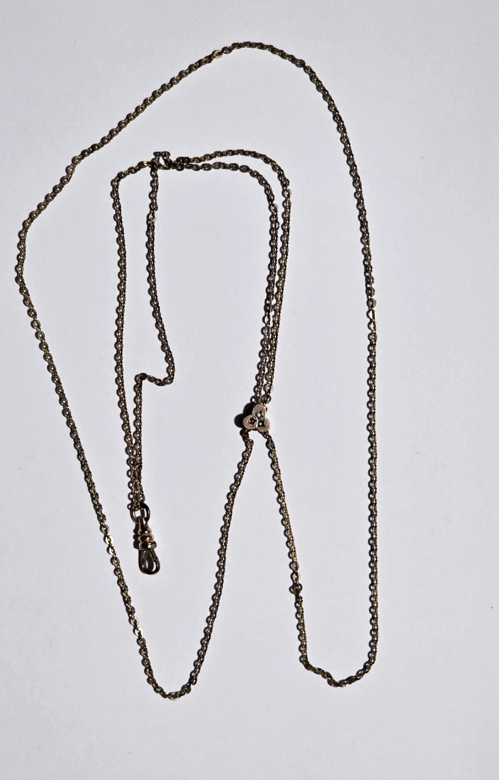23″ Long Antique Gold Filled Colorful Rhinestone Clover Slide Pocket Watch Chain